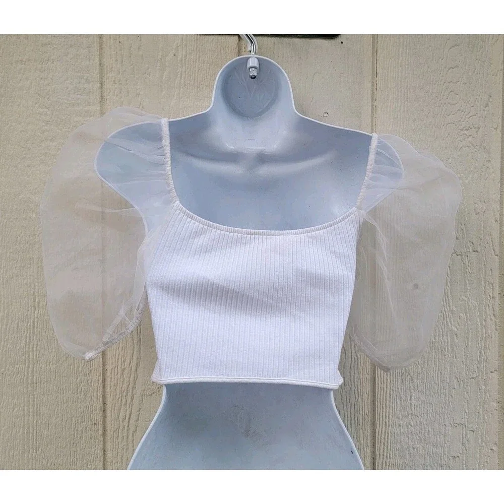 Zara White Puff Sheer Sleeve Square Neck Crop Top Sz M Fairy Feminine